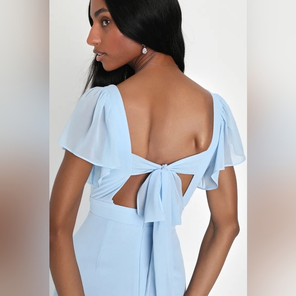 Lulus Simply Delightful Light Blue Tie-Back Flutter Sleeve Maxi M Wedding Party - Picture 4 of 10